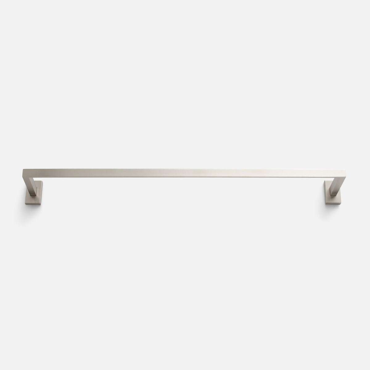 Front view of Edgecliff Towel Rod showcasing satin nickel finish and square wall mounts with a white background