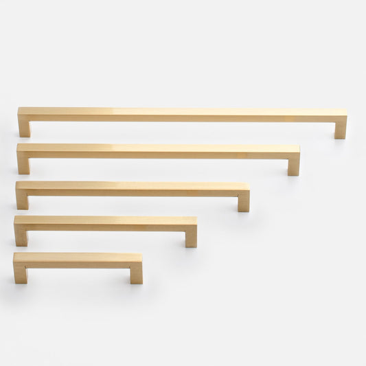Front view of Edgecliff Pulls in five sizes with rectangular designs on a white background