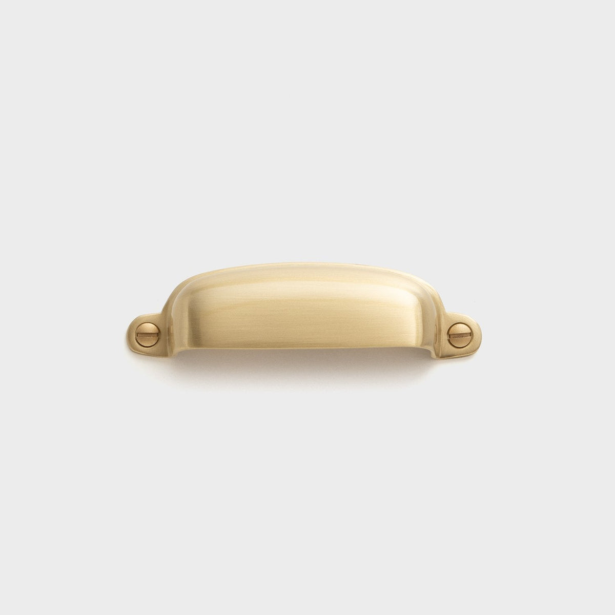 Front view of the Brunswick Pull showcasing its solid brass finish and exposed mounting hardware on a light gray background