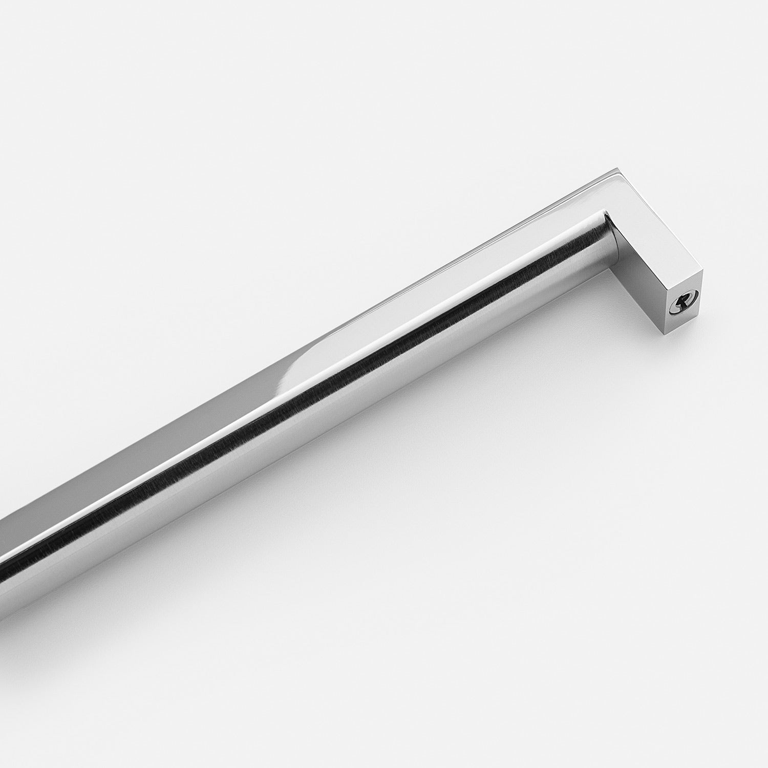 Angled view of Edgecliff appliance pull showcasing its silver finish and squared ends with a white background