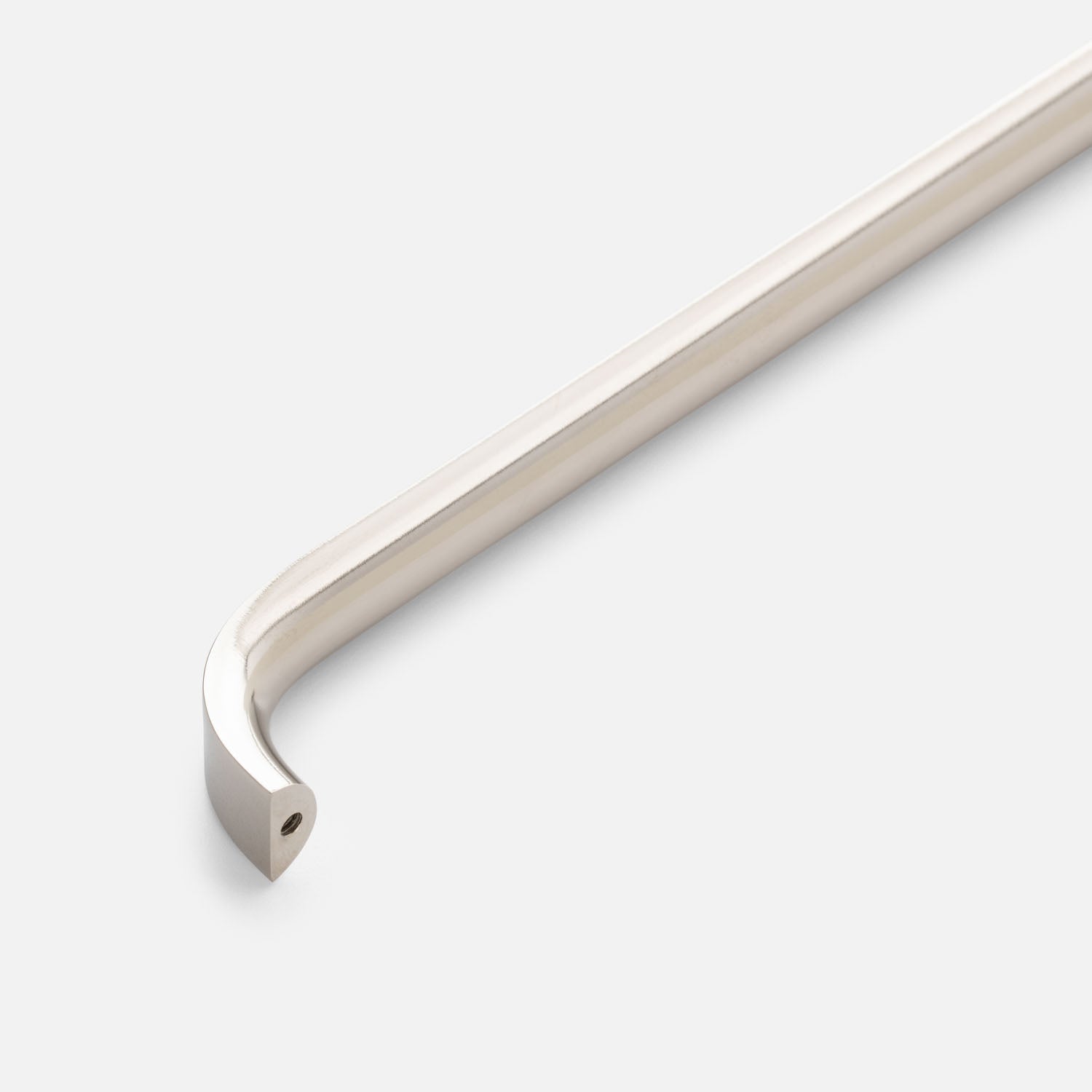 Close-up view of Cascade Pull showcasing its curved end and mounting hole against a light gray background