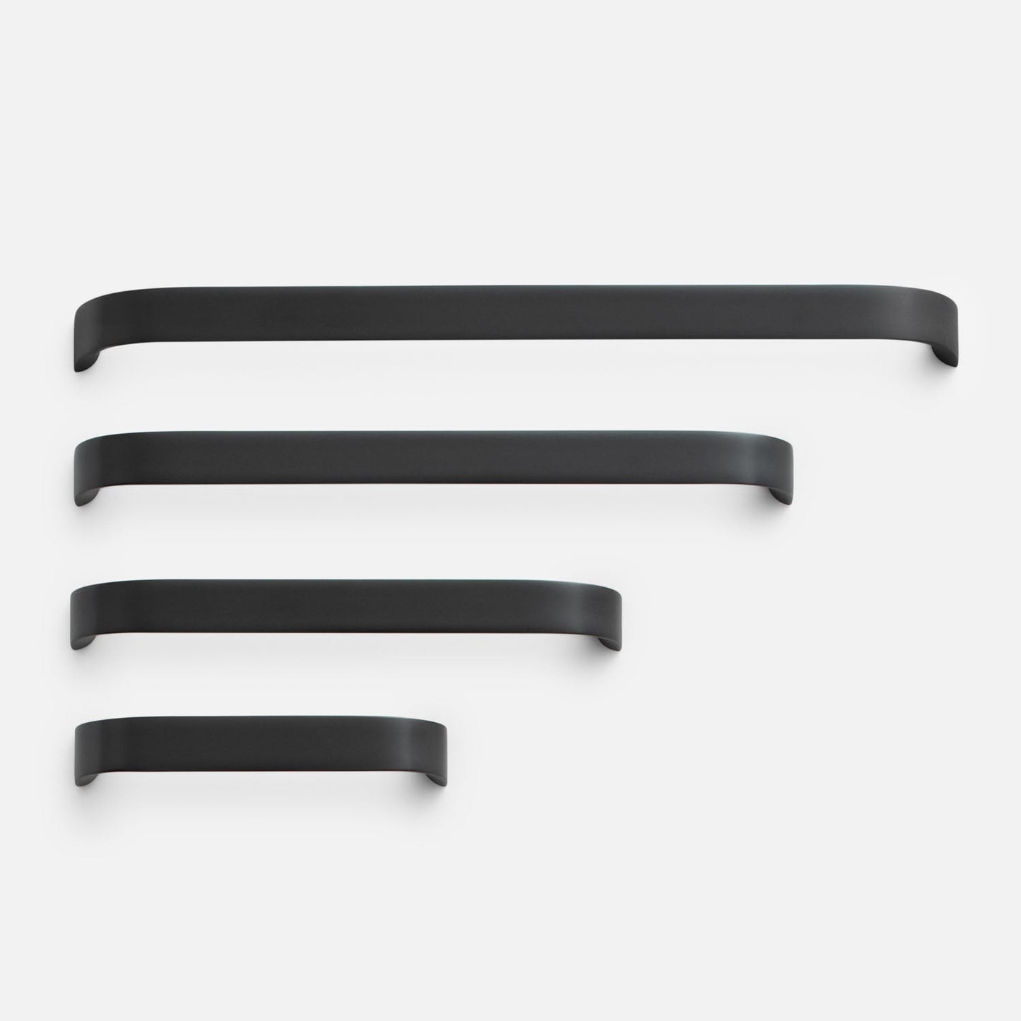 Front view of Cascade Pull handles in black, shown in four lengths against a white background