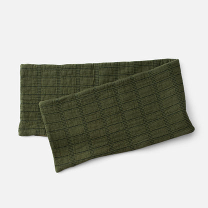 Angled view of two olive green Grid Stitch Pillow Covers showcasing stitched grid pattern on a white background