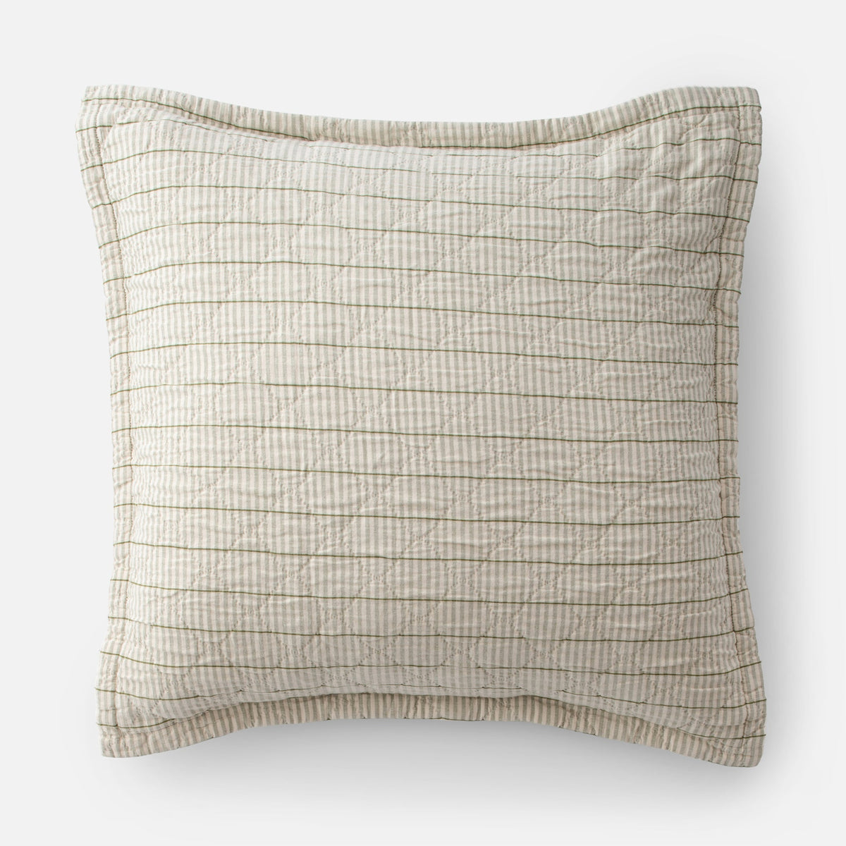 Front view of Diamond Ticking Sham showcasing cream fabric with gray stripes and horizontal stitching on a white background