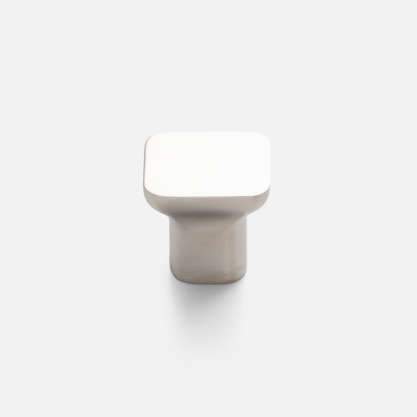 Front view of Cascade Knob showcasing its square profile and satin nickel finish against a white background
