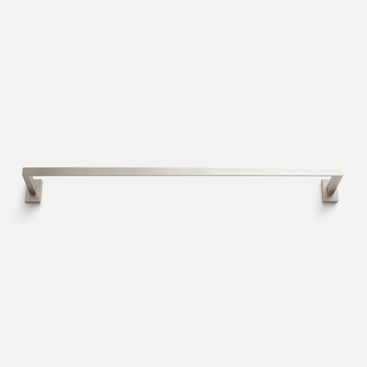Front view of Edgecliff Towel Rod showcasing satin nickel finish and square wall mounts with a white background