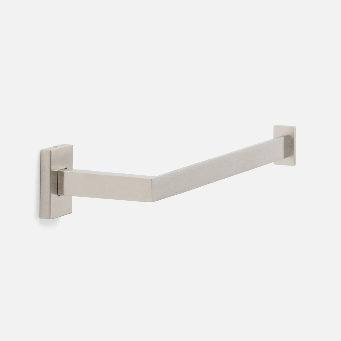 Angled view of the Edgecliff Towel Holder showcasing its satin nickel finish and curved bar with a light gray background