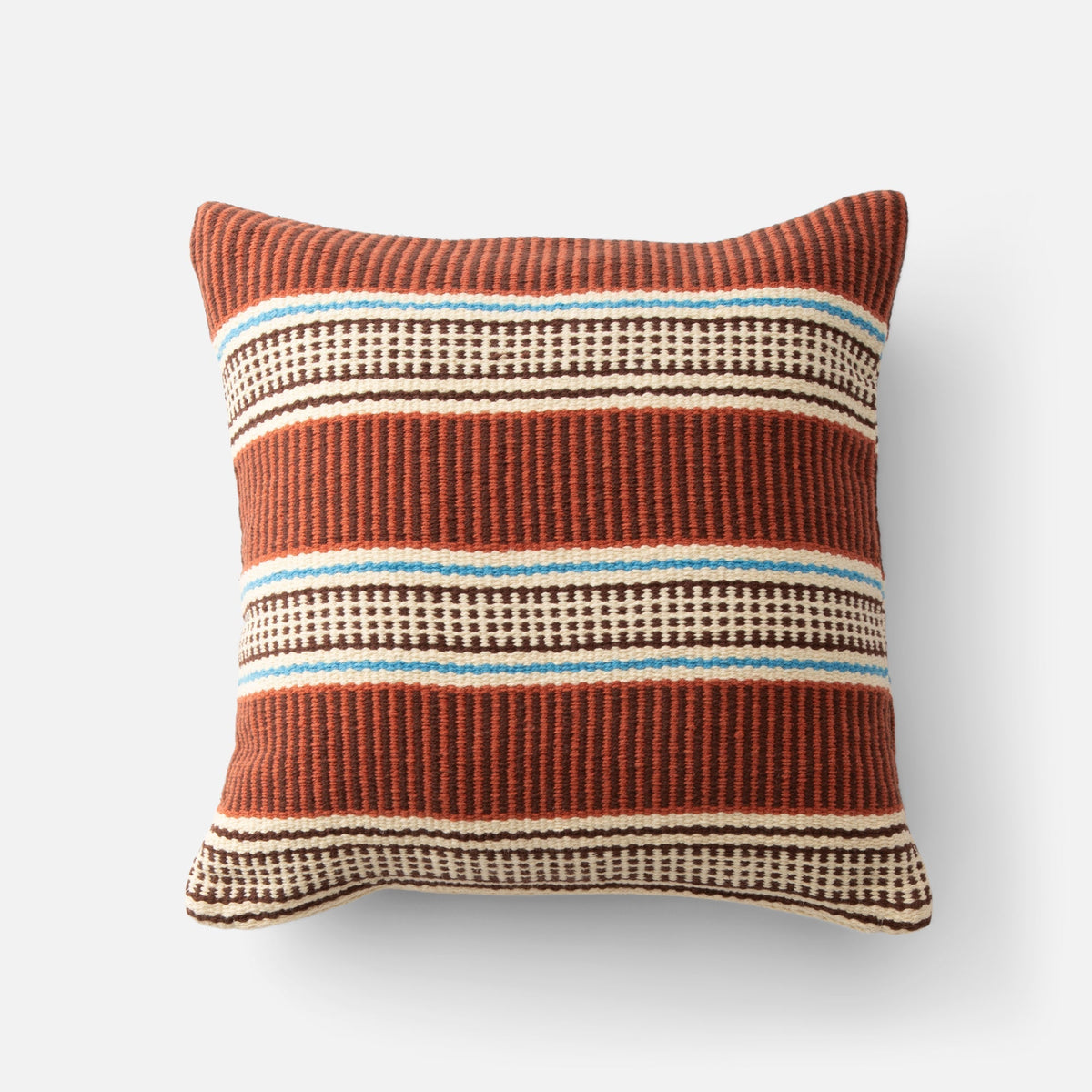 Front view of Anders Pillow Cover showcasing rust, cream, blue, and brown horizontal stripes with a white background