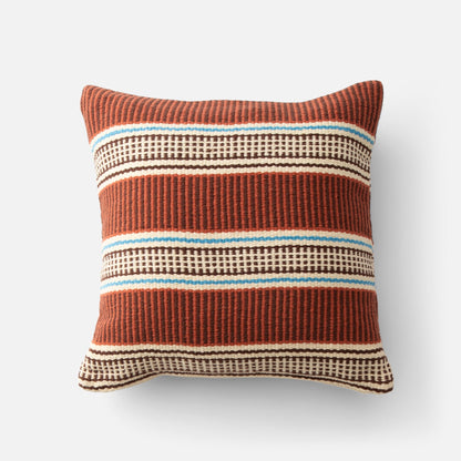 Front view of Anders Pillow Cover showcasing rust, cream, blue, and brown horizontal stripes with a white background