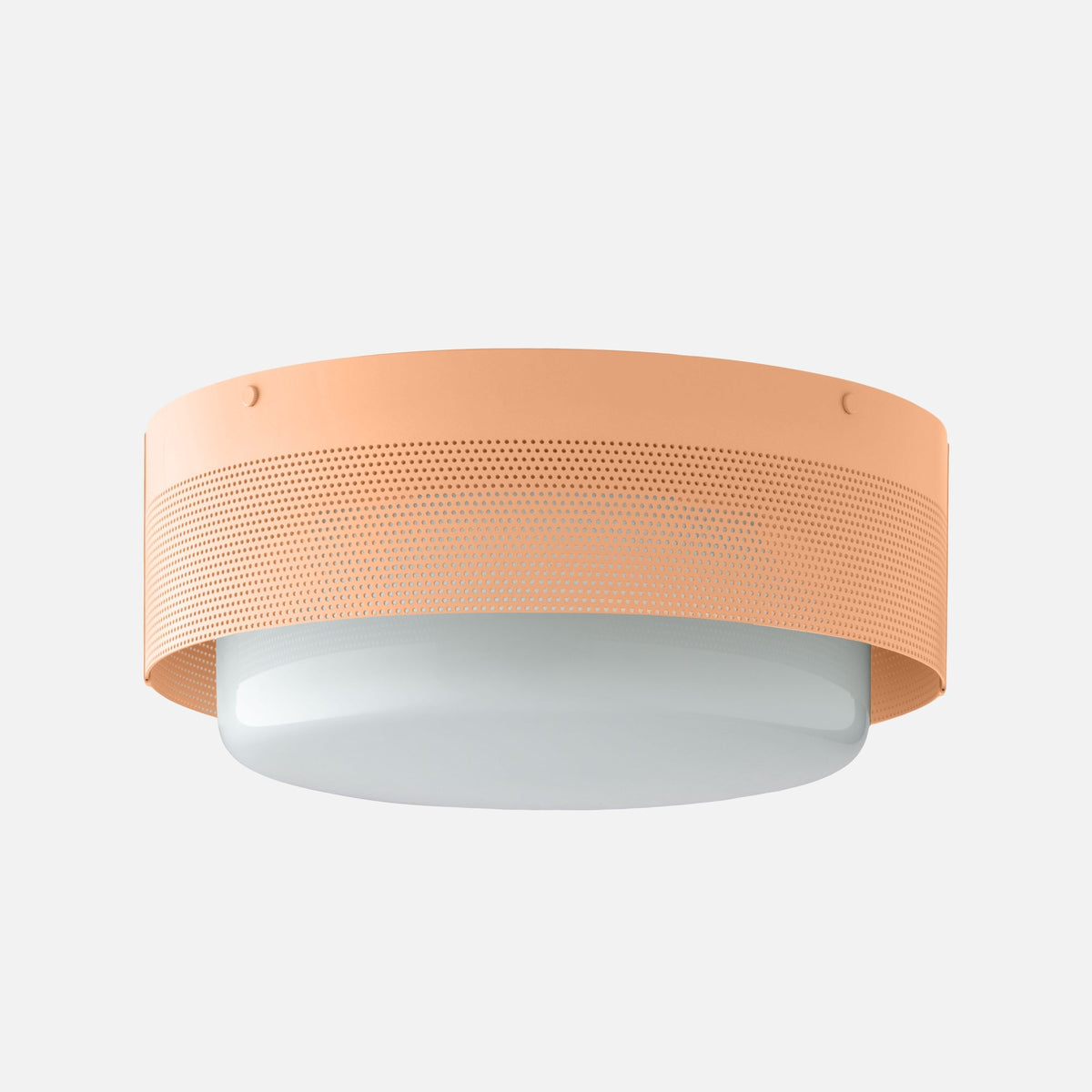 Front underside view of Harlow Flush Mount with perforated steel shade, white diffuser, and Bellini satin finish on light gray