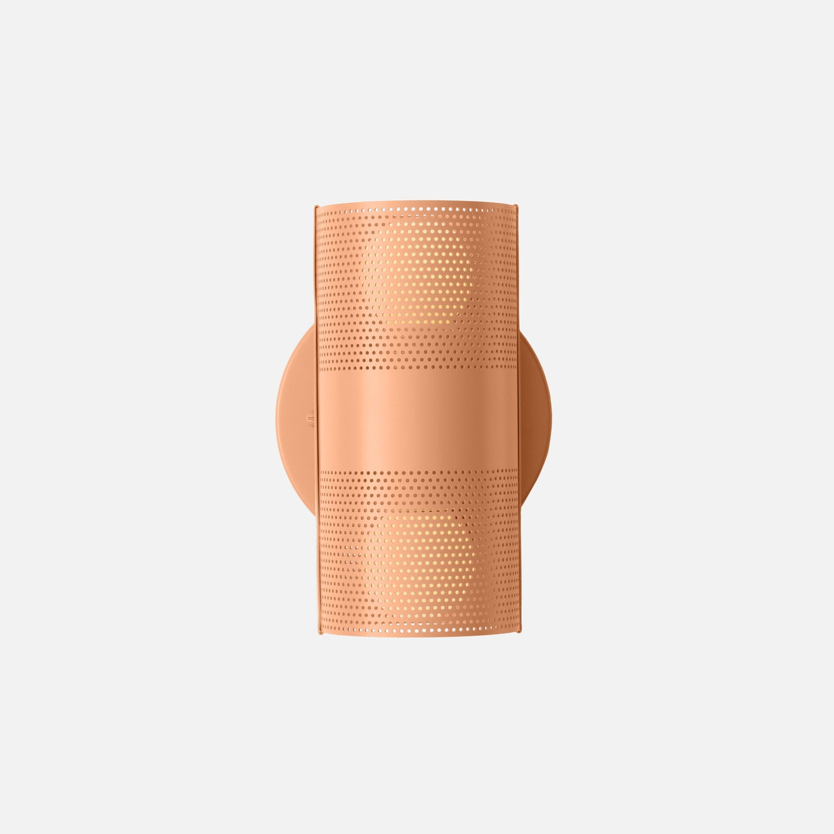 Front view of Harlow Wall Sconce showcasing perforated steel and Bellini Satin finish with a light gray background