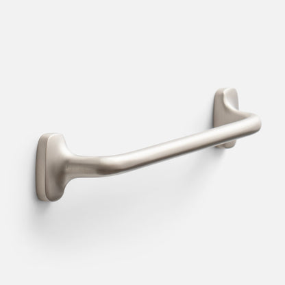 Angled view of the satin nickel Hazel Pull showcasing its streamlined bar and rounded mounts on a white background