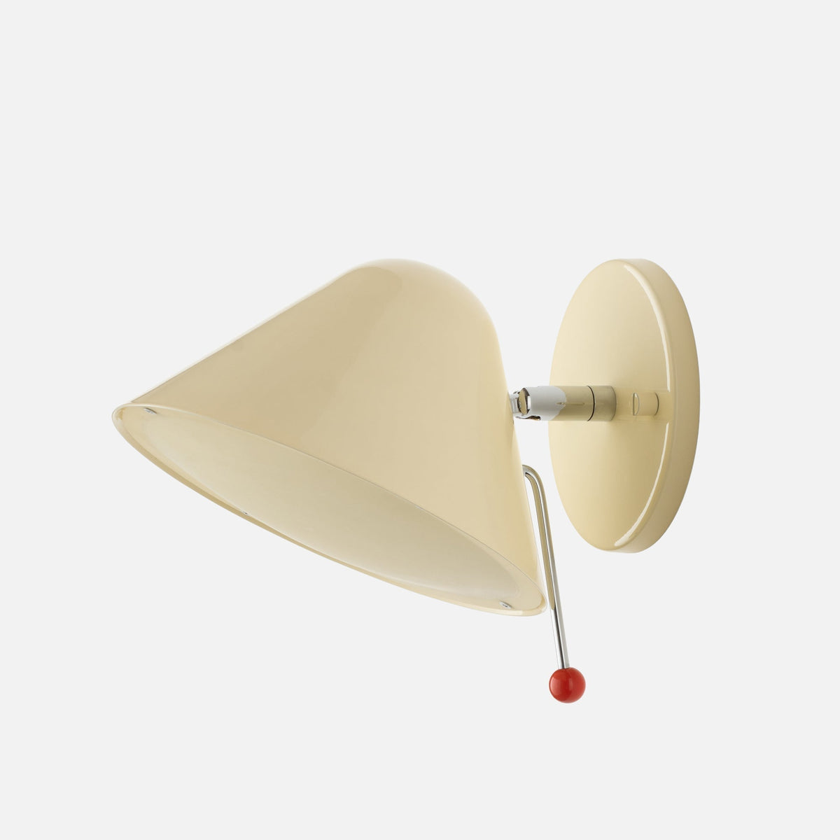 Angled view of Clare V Hans Wall Sconce showcasing ecru gloss shade, polished arm, and contrasting ball knob with white background