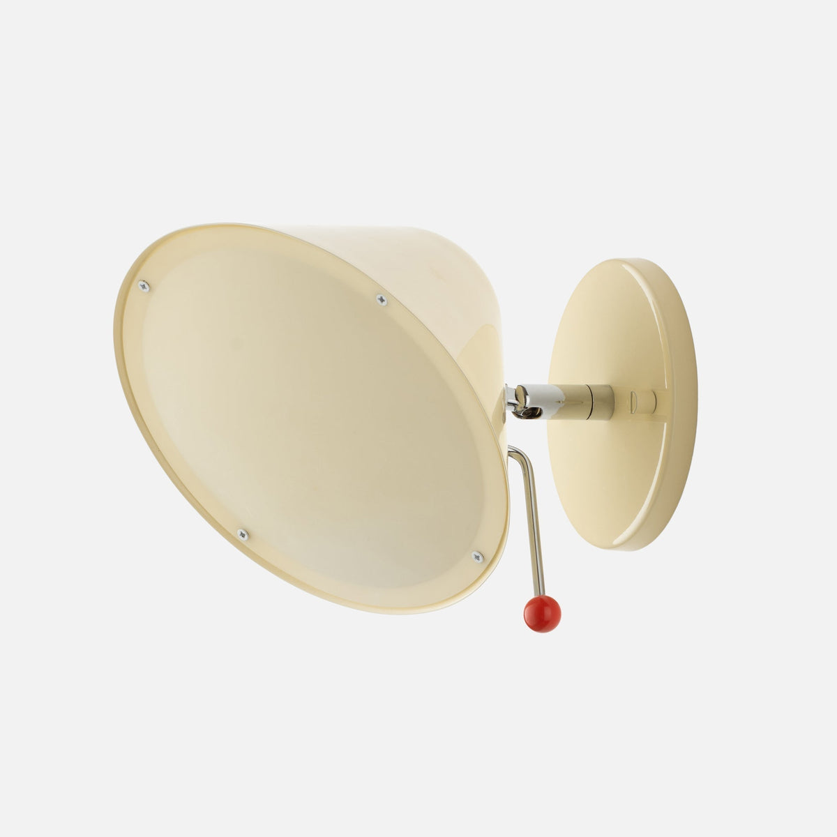 Close-up side view of Clare V Hans Wall Sconce showcasing ecru shade, polished arm, and red ball knob on white background