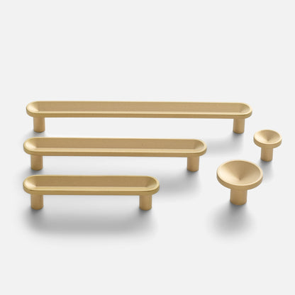 Collection view of Rhone Cast Brass Knob and matching pulls showcasing minimalist forms on a white background