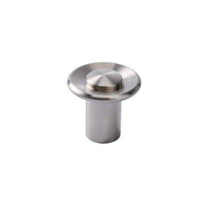 Angled close-up of Landon Knob showcasing its round brushed metal face and cylindrical base on a white background