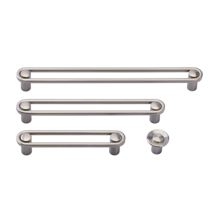 Front view of Landon knob hardware showcasing elongated bar pulls and a round knob on a white background