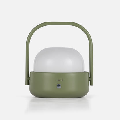 Front view of Cooper Table Lamp showcasing its olive green finish, rounded handle, and frosted shade against a white background