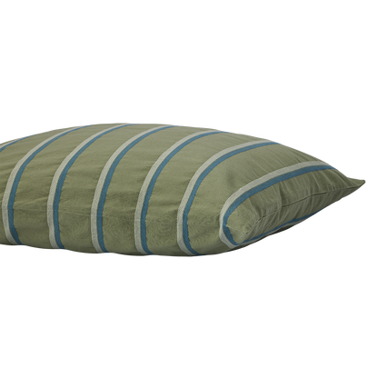 Angled view of Shoreline sham showcasing olive green fabric with blue and cream stripes on a white background