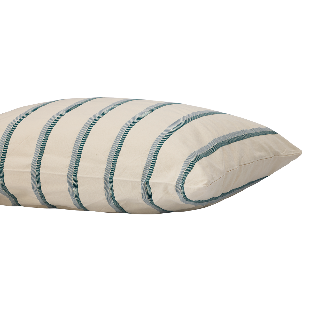 Angled view of Shoreline Sham showcasing cream fabric with teal stripes on a white background