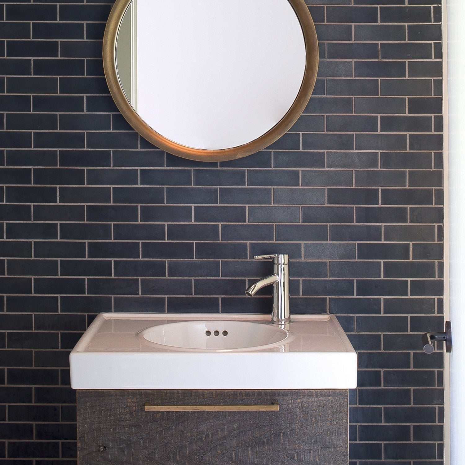 Front view of Edgecliff Appliance Pull showcasing its horizontal bar design on a dark wood vanity