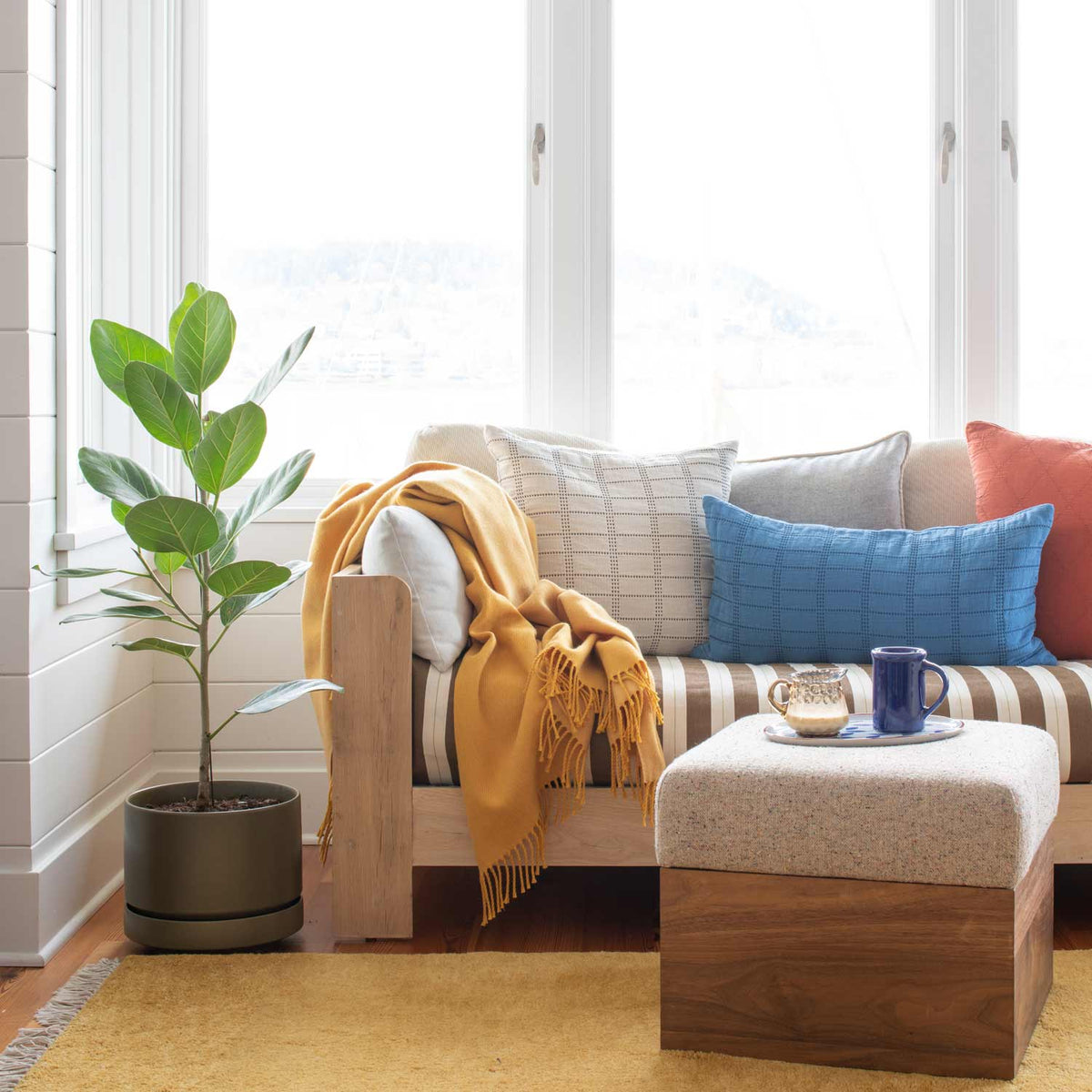 Honey Mesa wool rug anchors a bright living room with a sofa, plants, and wooden coffee table