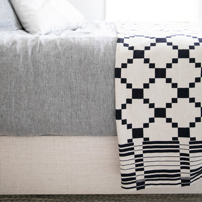 Close-up of Winter + Summer Cotton Coverlet showcasing navy geometric pattern and knit texture with light gray bedding background